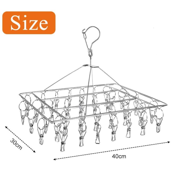 Sokketørker i rustfritt stål for klesstativ med 36 klesklyper, vindtett rektangulær liten klesstativ med klyper