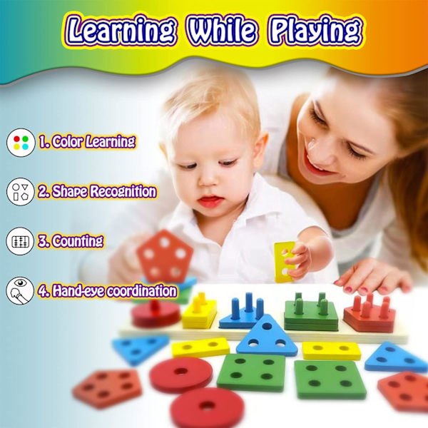 Suunniteltu 1 2 3 4 -vuotiaille lapsille, puisiin lajittelu- ja pinoamisleluihin (3 in 1 Multi Play), esikoululaisille.