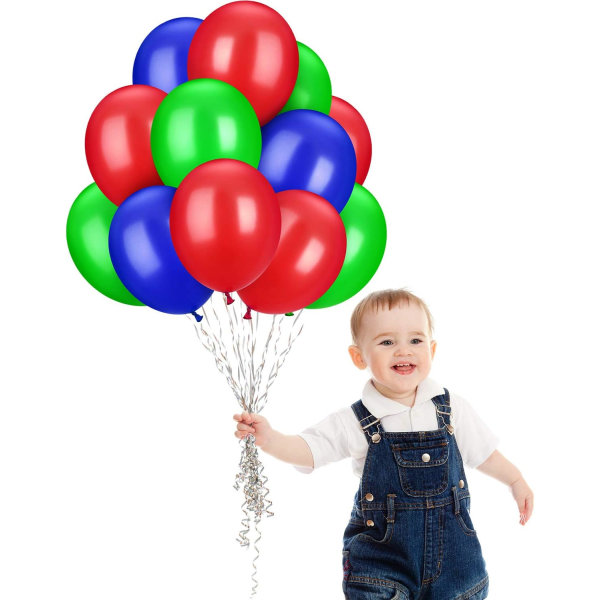 100 stycken 12 tums rund ballong i latexfärgad ballong för bröllop, födelsedag, semester, festdekoration (blå, röd, grön)