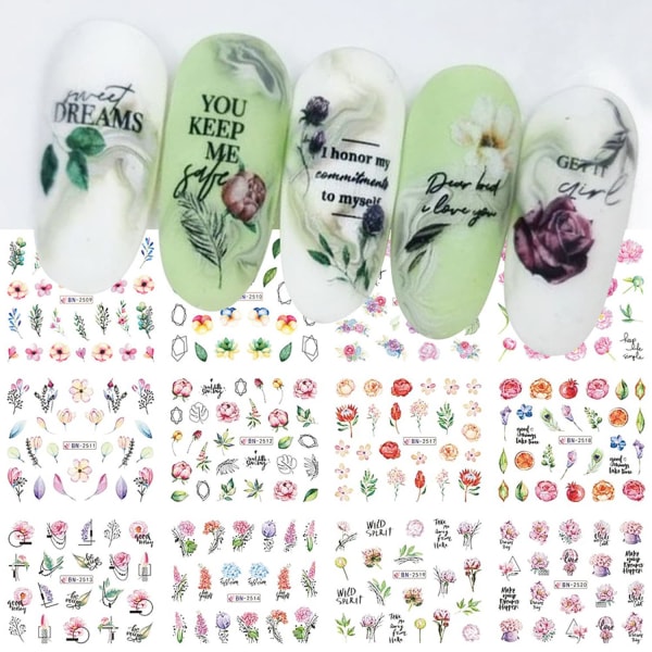 Blomma Nail Art Stickers Dekaler Vår Sommar Blommor Nageldekoration Vattenöverföring Lotus Blomknopp Grönt blad Utsökt design 12 ark