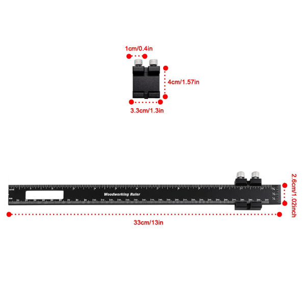 T-formet lommelykke i treverk - 12 tommers metallskyvestopp merker linjal metrisk tomme måling trebearbeiding skribler linjaler mål