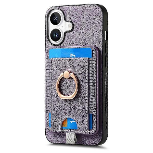 D7 Magnetisk deksel til iPhone 16 med kortholder, ringstøtte, PU-lær telefonbakdeksel - Brun Purple