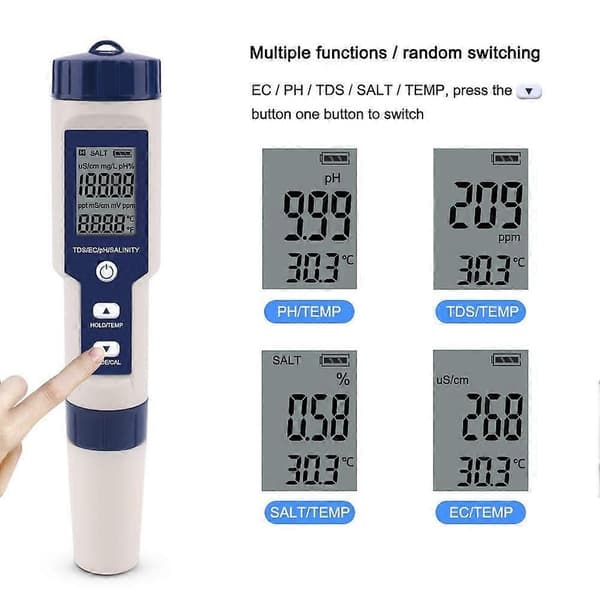 PH-meter, 5-i-1 PH/TDS/EC/Salinitet/Temperaturmåler, Vandkvalitetsmonitor Tester til Pools, Hydroponics, Drikkevand, Akvarier