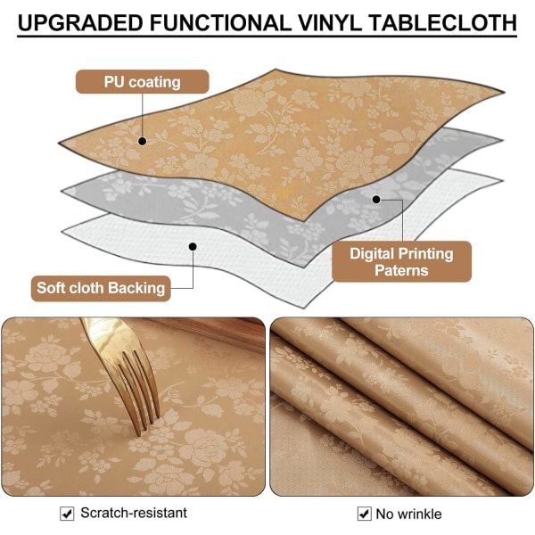 Vedenpitävä vinyylipöytäliina, neliönmuotoinen, kestävä pöytäliina, pyyhittävä pöytäliina keittiöön ja ruokasaliin (ruskea, 54\" X 54\")