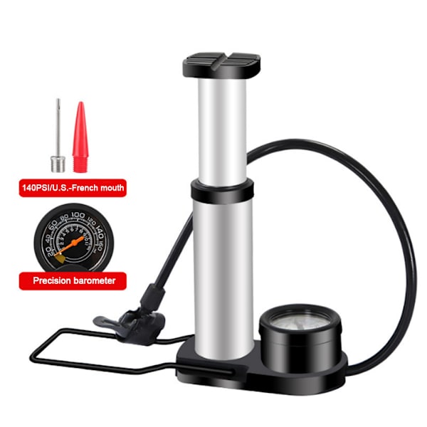 Polkupyörän pumppu, 140PSI minikokoinen kannettava polkupyörän pumppu, minipolkupumppu painemittarilla, kaksoisventtiilinen polkupyörän pumppu - hopea