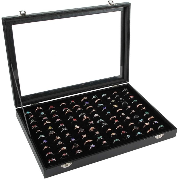 Ring Display Case Organizer Box med gjennomsiktig lokk, Ring Holder Showcase For Store Display Jewelry Show Home, Ring(100 Slot, Black)