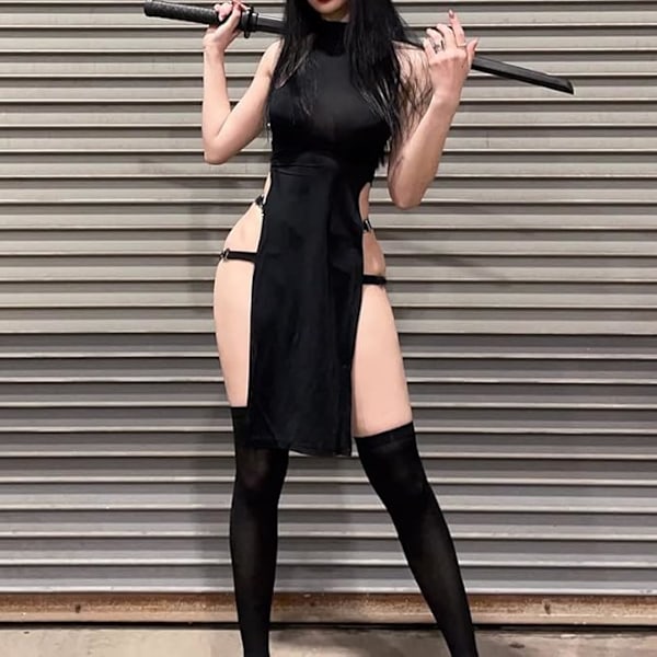 JasmyGirls Seksikäs Paholainen Cosplay Alusvaatteet Korkea Halkio Babydoll Mekko Halloween Anime Ninja Roolileikki Asu Goottilainen Korkea Vyötärö Toppimekko L