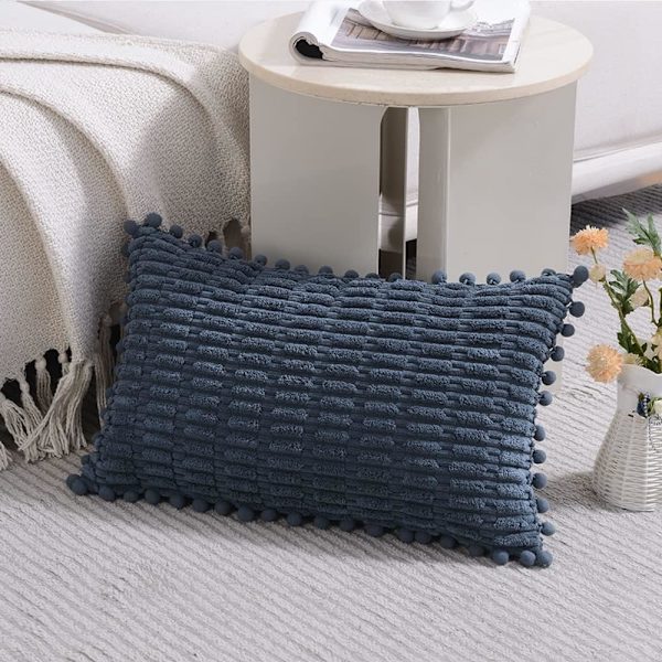 2 Støvblå dekorative pudebetræk 12x20 tommer, med pompom, egnet til sofa seng stue, blød fløjl dejlig talje pudebetræk 30x50 cm