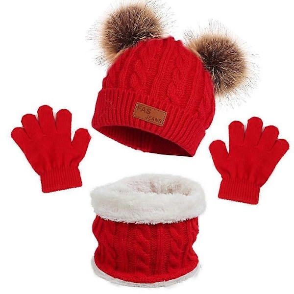 Baby Vinterhatt, Vantar och Halsduk Combo för Spädbarn, Småbarn, Flickor och Pojkar, Varm Stickad Hatt, Vantar, Set för Babytillbehör, Röd
