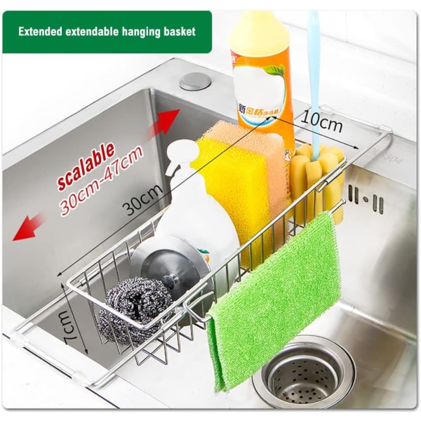 Køkkenvask Opbevaring, Udtrækkelig Svamp Holder, Teleskopisk Afløbsrist Rustfrit Stål Organizer 30-47cm Multifunktionel