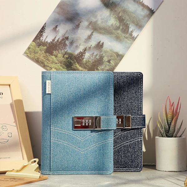 Denim Journal med lås til kvinder, genopfyldelig låsbar journal til voksne B6 notesbog med låsekombination, 5,5 x 7,9 tommer, blå