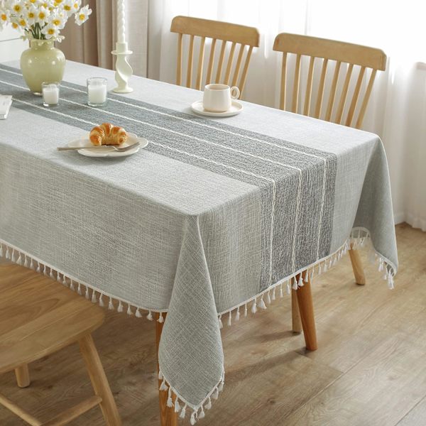 Bomuldslinned Dug, Vandtæt Dug, Krølfri Dug Til Spisebord, Blødt Stof Dug, Grå, 140 X 220 Cm, 6-8 Personer
