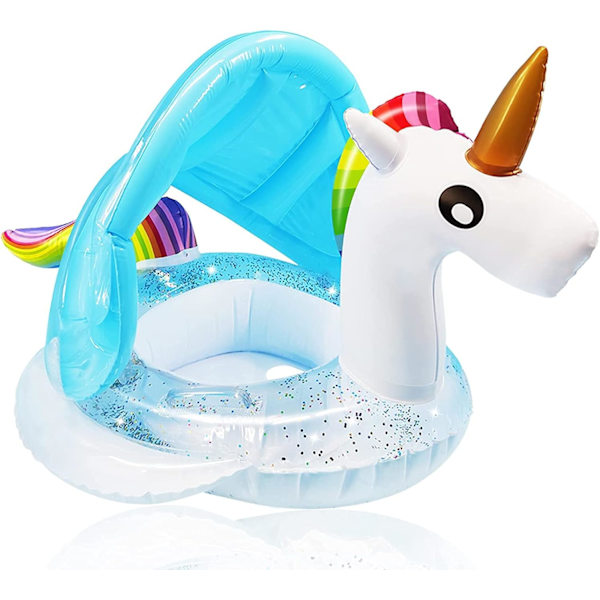 Enhjørning Baby Pool Float med Kaleche, Blinkende Sæde og Sikkerhedsgreb, Sommer 2023 Hot, Oppustelig Baby Float til Børn 1-4 År, Festartikler