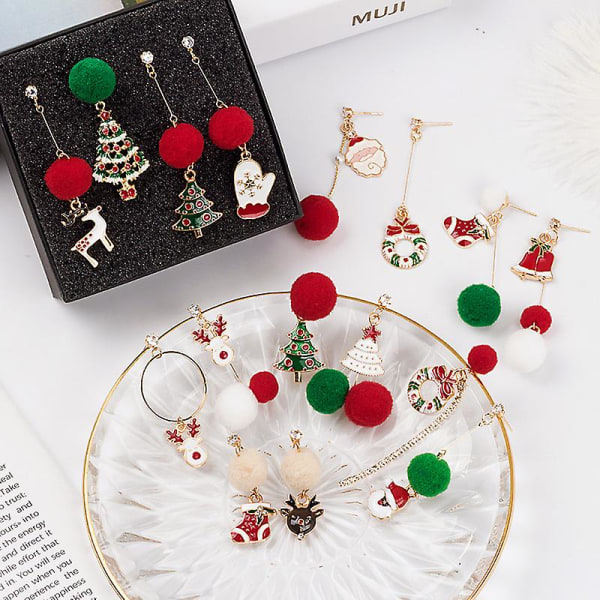Betterlifefg-fashion Christmas Asymmetrisk Hair Ball Örhängen Japanska Santa Älg Snowman Bell Örhängen