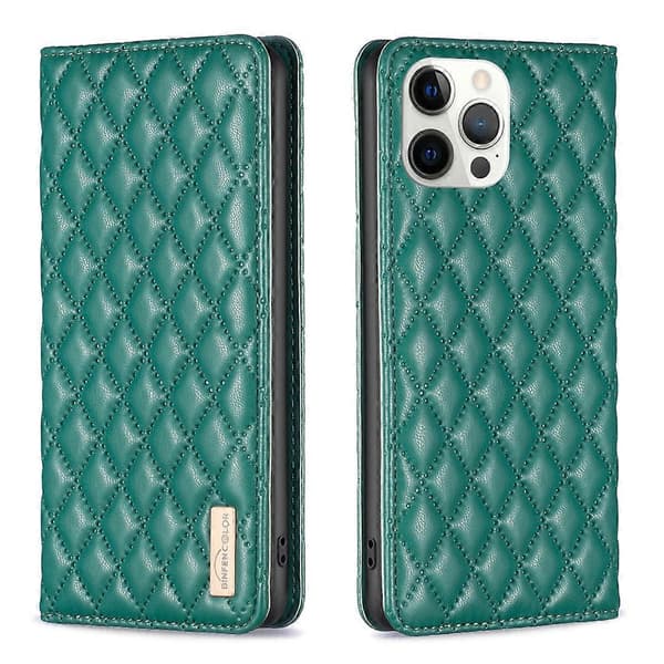 Diamantmønstret magnetisk flip-læderetui til iPhone 12 Pro Max (grøn)