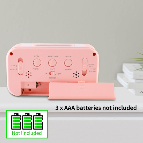 Digital väckarklocka med inomhustemperatur, batteridriven, snooze-modell, 12/24H-visning för sovrum, tunga sovare, barn, resor, badrum, rosa