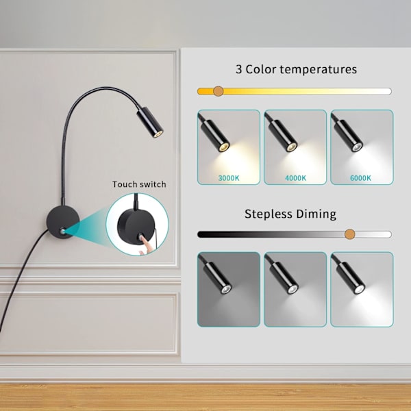Vegglampe til lesing, LED veggmontert sengelampe, 3W 360° svingbar sengelampe med plugg, 3000-6000K, svart [Energiklasse C]