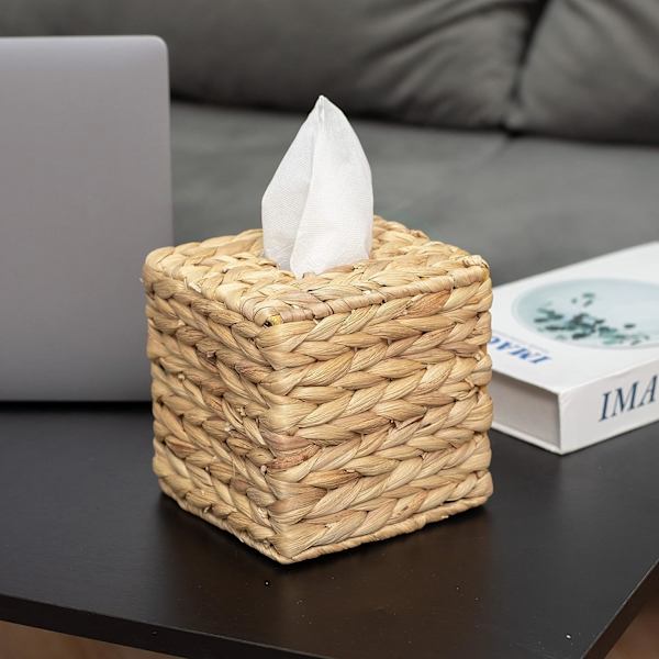 Servietholder i flettet rattan - firkantet - Boheme-inspireret vævsæskeholder - Servietholder i flettet ansigt til bord og badeværelse (firkant)