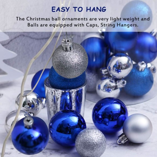 Heyone 24 karat julgransprydnader, splittersäkra dekorativa hängande bollar för julgran, julbröllop (2,4 tum, marinblå)