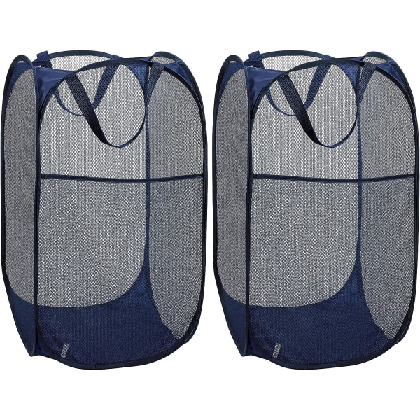 Hopfällbar mesh pop-up tvättkorg med bred öppning och sidoficka – andningsbar, robust, hopfällbar, utrymmesbesparande design (blå | 2-pack)