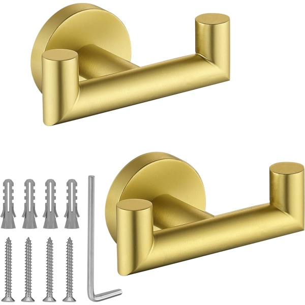 Towel Hooks for Bathrooms, Gold Towel Hook for Kitchen Bathroom, SUS304 Stainless Steel Coat Hook, Heavy Duty Double Towels Holder Hooks, 2 Pack