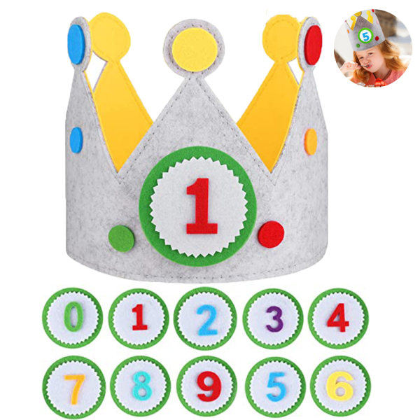 Baby Barn Pet Glitter Paljettkrona, Födelsedagsfest hatt, Tiara Krona Med Blommor-Hatt + 1-9 i gröna siffror - Filtkrona
