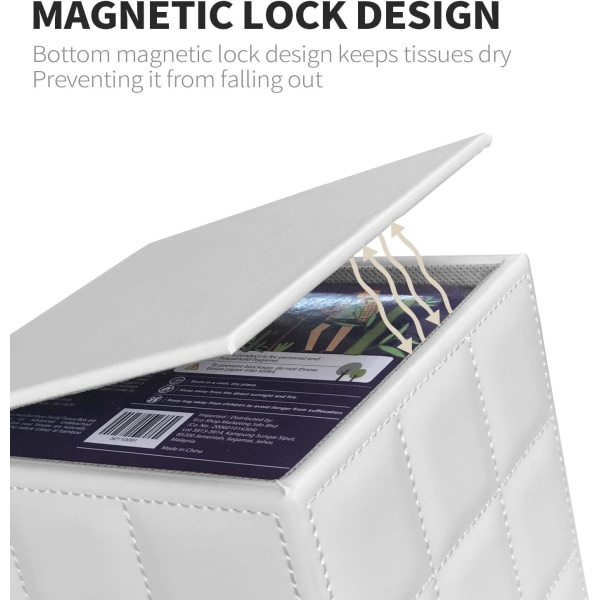 Fyrkantig läder servettbehållare - Renfärgad elegant servettbehållare med magnetisk bas och PU-läder exteriör för byrå, nattduksbord - Vit