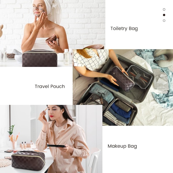 Sminkväska - Stor Kosmetisk Väska för Resor för Kvinnor, Tvättbar Vattentät Skönhetsdragkedja Makeup Organizer PU Läder, Khaki