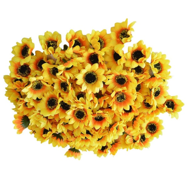 100 st konstgjorda siden gula solroshuvuden 1,8 tum; Tyg blommor för heminredning bröllopsdekor, brud som håller blommor