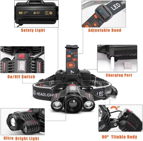 Rechargeable LED Headlamp, 10000 Lumens Powerful Flashlight 4 Modes 3 LED Cree Xml-t6 Zoomable Waterproof Headlamp With USB Cable And 2 Batteries Approx