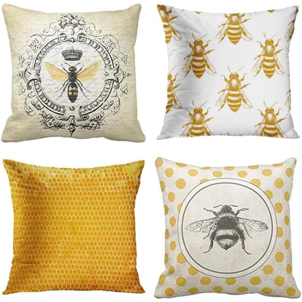 Set med 4 kuddfodral Bin Honung Gul Modern Vintage Fransk Drottning Entomologi Heminredning Kvadrat 16x16 Tum Kuddöverdrag