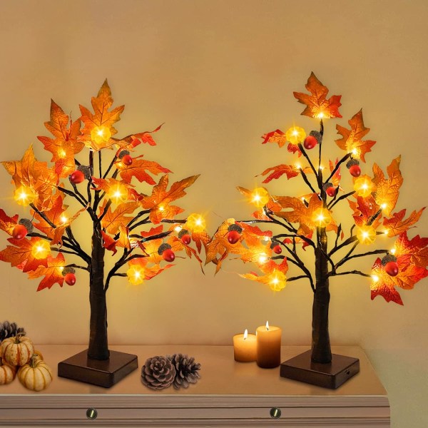 2 Pack 18 Inch Prelit Fall Maple Tree with 48 LEDs Timer Battery Operated Lighted Pumpkins 6 Acorns Tabletop Artificial Autumn Fall Tree