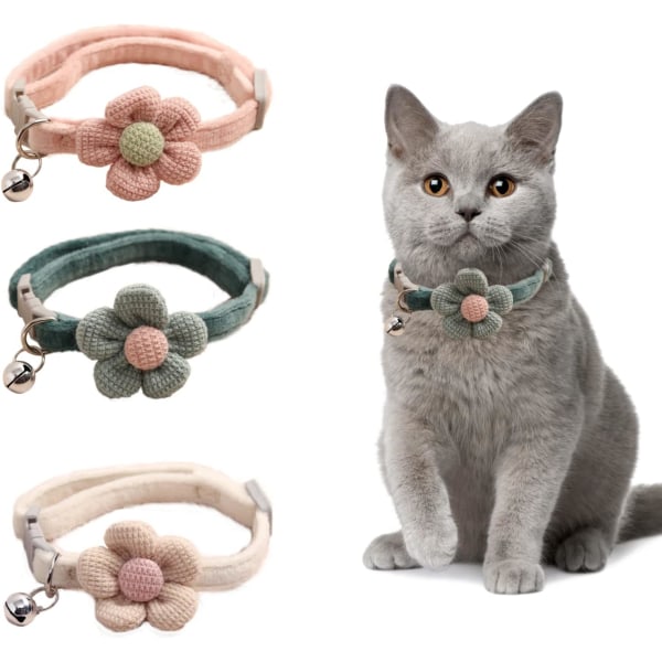 3 PCS Kitten Collar with Bell Breakaway Cat Collar with Flower Charms Adjustable Suede Cute Cat Collar for Girl Boy Puppy Cat (Pink, White, Green)