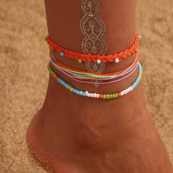 Boho Vristlänk Layered Beaded Anklet Armband Rep Ankel Chain Summer Beach Foot Smycken för kvinnor