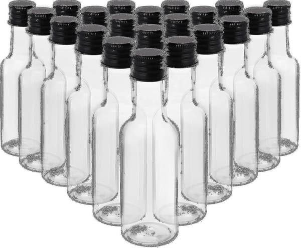 Mini spritflaskor (24-pack) - Återanvändbara plastflaskor på 50 ml med svarta skruvlock och vätsketratt