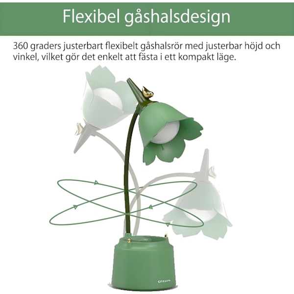 Sød LED Bordlampe Kawaii Skrivebordstilbehør, Blomst og Fugl Skrivebordslampe USB Genopladelig, 3 Farvetilstande [Klasse A Energi] Green