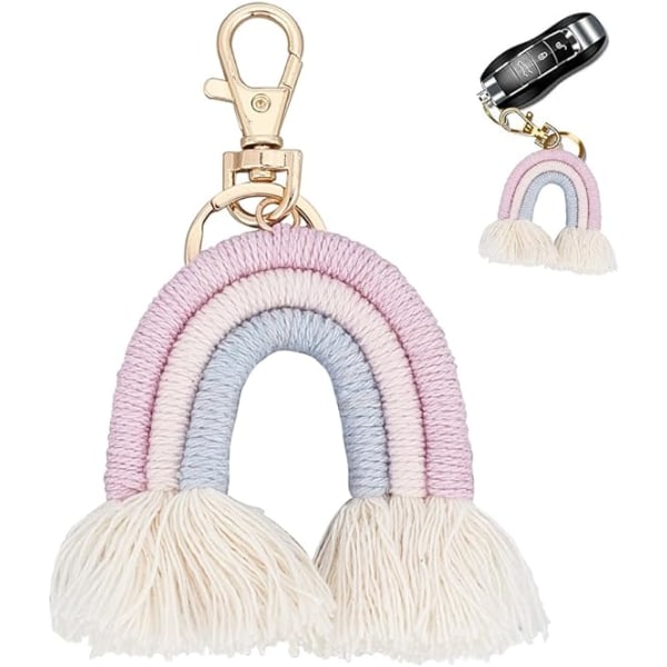 Vævet regnbue-kvast nøglering Boho regnbue-kvast charme Makrame regnbue-kvast nøglering Bilnøglering holder taske pung