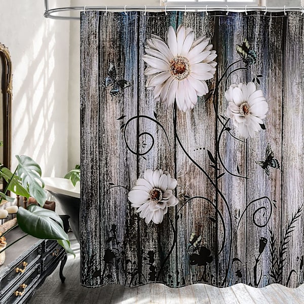 Rustik Daisy Bruseforhængssæt med Kroge, Sommerfugleplante Blomsterstof Bruseforhæng til Chic, 72x72