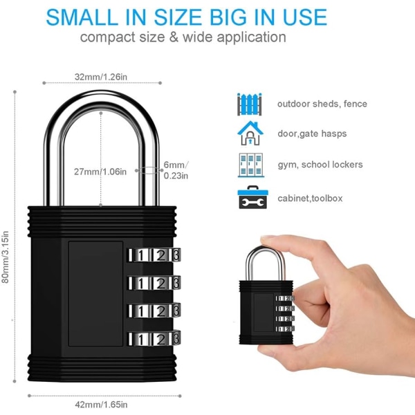 Lås til skab, 4-cifret kombinationshængelås til fitnesscenter, medarbejdere, skole, hegn, hængelåsskab (2-pak, sort og rød)
