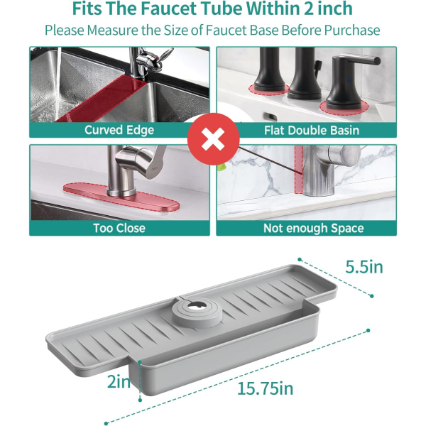 Silikonkran-sprutbeskyttelse Kjøkkenvask-sprutbeskyttelse Oppgradert kranfellebrett - 15,75 x 5,5 x 2 tommer - For kjøkken, bad (grå)