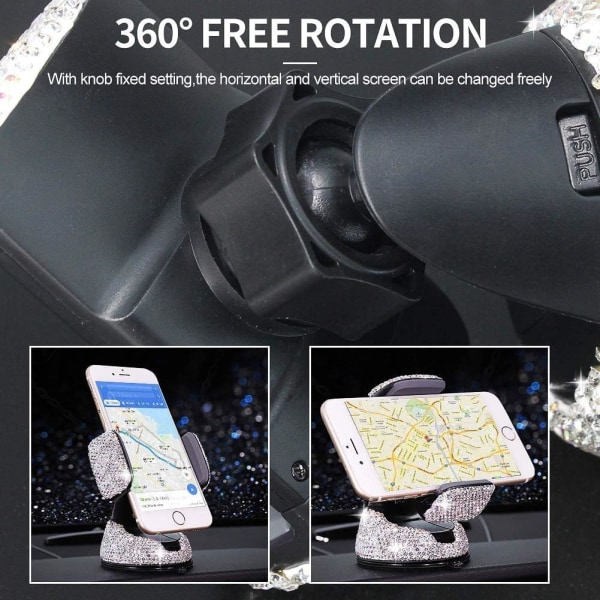 Bling-auton puhelinteline, 360° säädettävä automaattinen pyörivä auton puhelinteline ilmanvaihtoaukkoon iPhone Galaxy -älypuhelimille tai 3,5-6 tuuman GPS-laitteille (hopea)