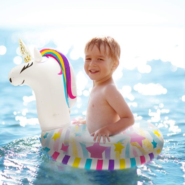 Oppustelig enhjørning pool float Pool legetøj Enhjørning svømmering med pailletter Vandfest Strand fritid oppustelig flåde Børn og voksne Hvid