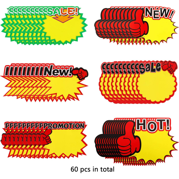 60 stk. Starburst-skiltskilt, 15*21 cm salgspapirskilt prisburst-skilt assorterte displayetiketter for detaljhandel