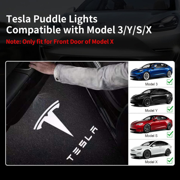 4st Tesla Puddle Lights Bildörrsljus Logotypprojektor, Ultra-Light LED 3D Laser Ghost Shadow Light, Inbjudningslampor för Model 3 Y S X Tillbehör