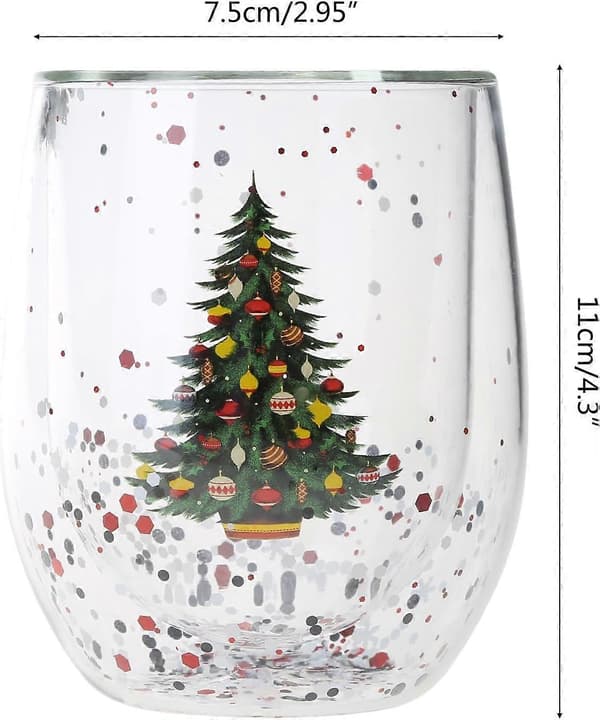 Julglasmugg med julgransdesign, dubbelväggsisolering, rörlig paljettereffekt, 11 cm