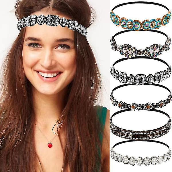 6 stk Rhinestone Perle Elastisk Hårbånd, Trendy Håndlaget Krystall Perle Elastiske Hårbånd Dame Kvinner Jenter Hårpynt Tilbehør