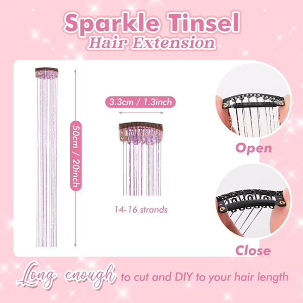 Clip in Hair Tinsel Kit, Pack med 6 st Glitter Fairy Tinsel Hair Extensions 20 tum glänsande Hair Tinsel värmebeständig (Silver)