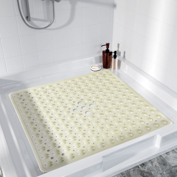 Duschmatta för badkar halkfri, 21x21 tum, mjuk fyrkantig badmatta för badkar med sugkoppar och dräneringshål, stallgolvmattor för badrum, beige