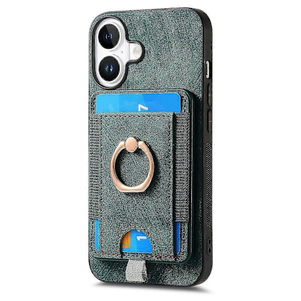 D7 Magnetisk deksel til iPhone 16 med kortholder, ringstøtte, PU-lær telefonbakdeksel - Brun Green