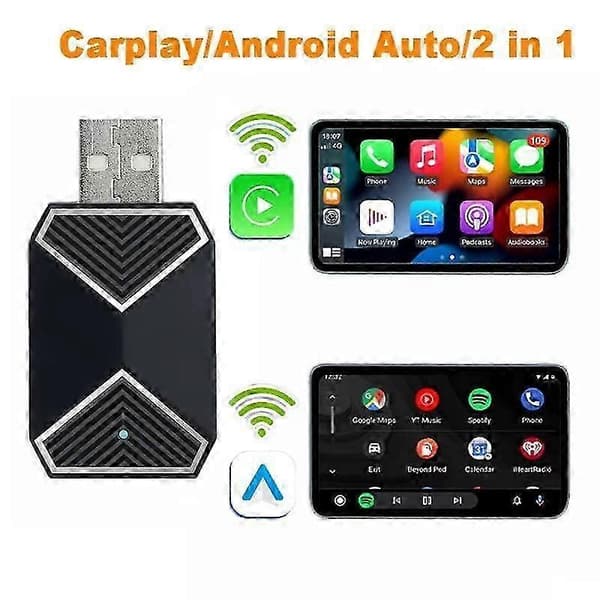 2-i-1 Trådløs CarPlay og Android Auto Adapter Smart AI Box med 5Ghz WiFi & Bluetooth-forbindelse til Biltilbehør